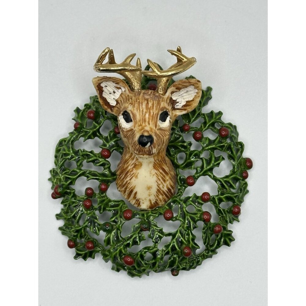 Rare L.‎ Razza Christmas Deer Head Wreath Pin Brooch